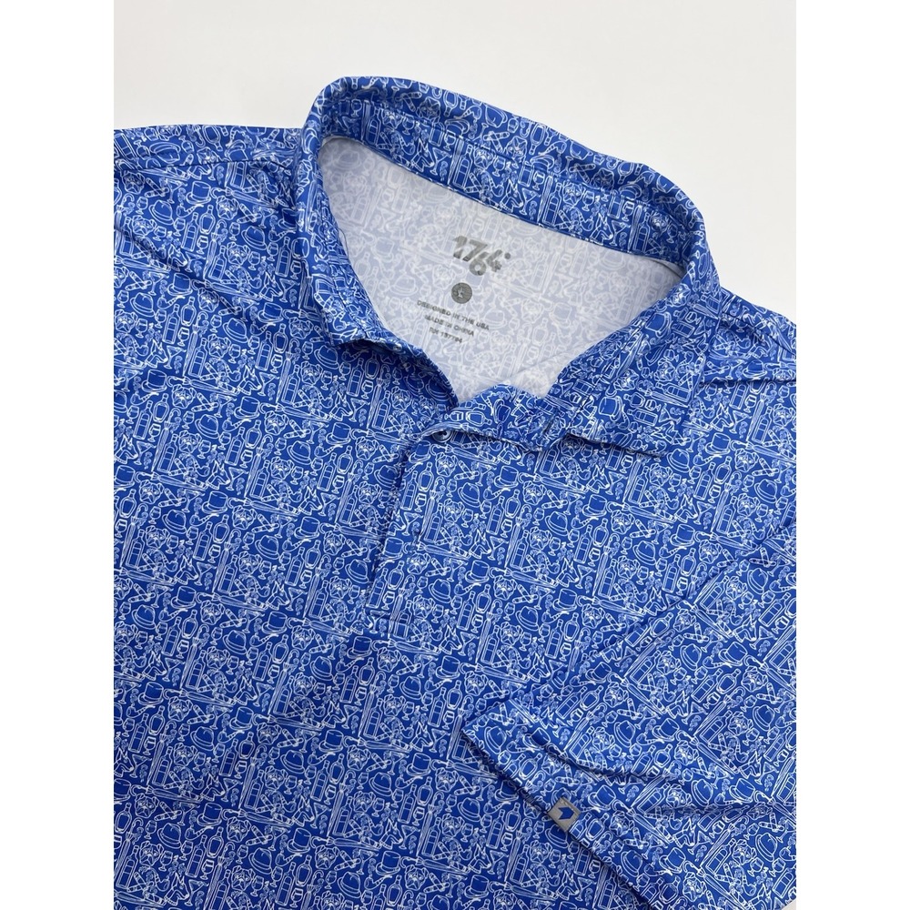 1764 Golf Polo Shirt Men Large All Over Print Drinks Cigar Dog Blue Short Sleeve